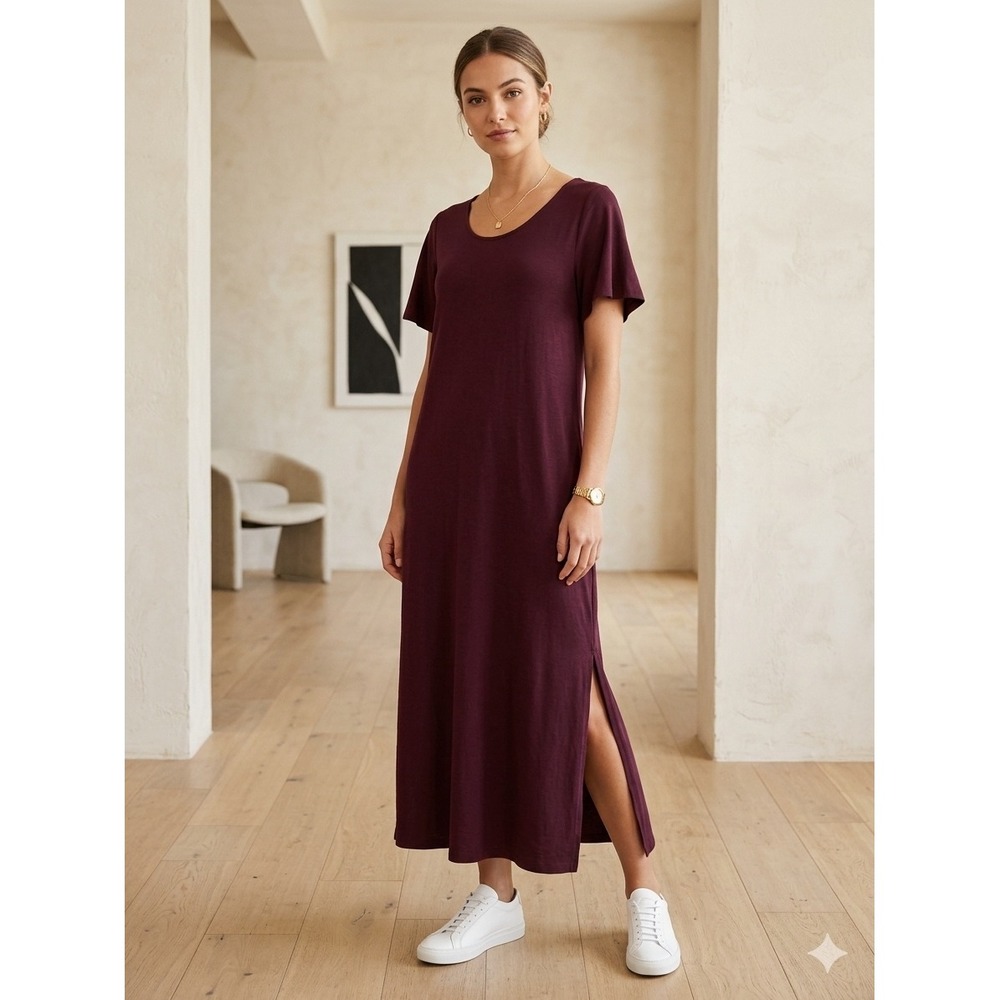 Aritzia Wilfred Free Burgundy Plum Short Sleeve Maxi Shift Dress M Minimalist